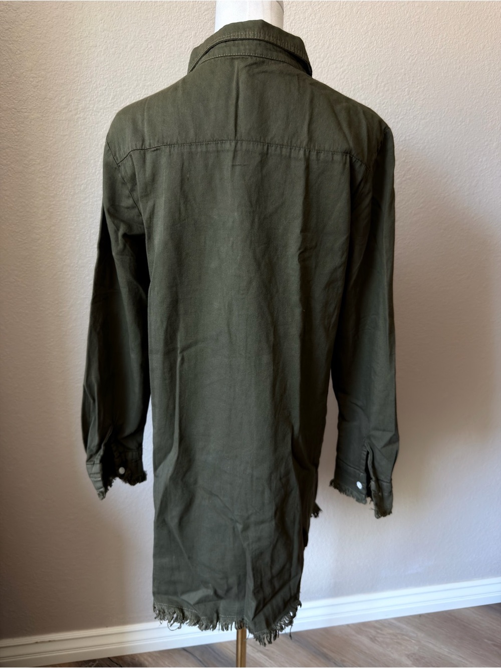 NWT Relaxed Army Green Mini Shirt Denim Dress with Fringe Hem, Large - Picture 5 of 6